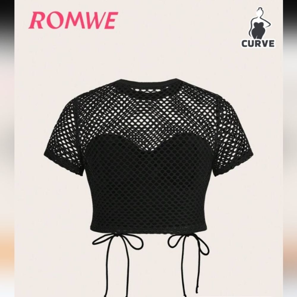 ROMWE Black Mesh Tie Crop Top Tag Size 1X US Size 14 NWT P2P 20 In